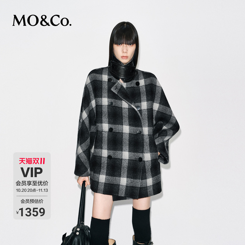 Moco Woolen Coat with Sheep Wool and Velvet Tweed, Detachable Collar, Mo&Co