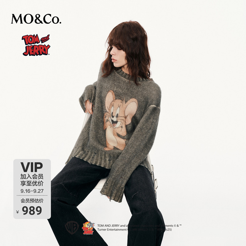 Moco Sweater Knitwear Mo&Co. Spring and Autumn Tom and Jerry Collaboration Series Embroidery with Loose Stitching