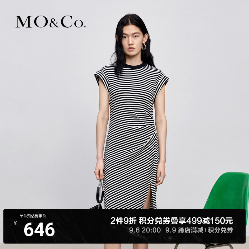 (99 New Downfall) MOCO New Pinstripe asymmetrical one-piece dress Flying sleeves Cut Open Fork Hollowed-out Dress Woman-Taobao