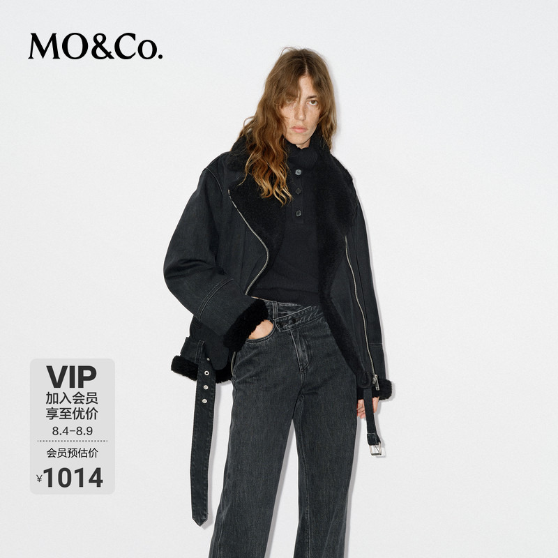 Moco Jacket, Cotton Black Denim Biker Jacket, Washed Teddy Fleece, Light Punk Style with Belt, Moanke Moco Jacket, Cotton Black Denim Biker Jacket, Washed Teddy Fleece, Light Punk Style with Belt, Moanke