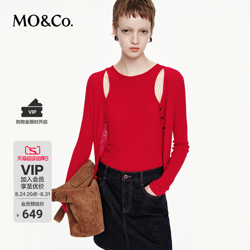 Moco Knit Cardigan, Mo'Anke Spring and Autumn Fine Linen Cotton Yarn, Lightweight Short Style, Red