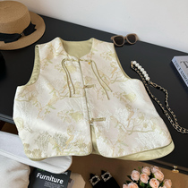 High-end turquored jacquard State of the wind Machia womens spring autumn new Chinese Temperament Gold Buckle Sleeveless Jacket Maclip Blouse