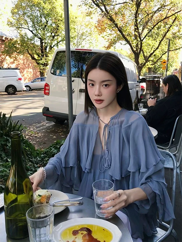 Sold Out, No Restock. Same Style as Bingbing. Heavyweight 100% Silk Crepe Ruffle Cake Top Shirt