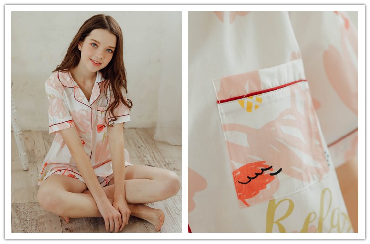 Pajama phù hợp với nữ mùa hè cotton dứa flamingo ve áo ngắn tay satin mặc giản dị Hàn Quốc phiên bản của bông dịch vụ nhà bộ đồ ngủ 2 dây
