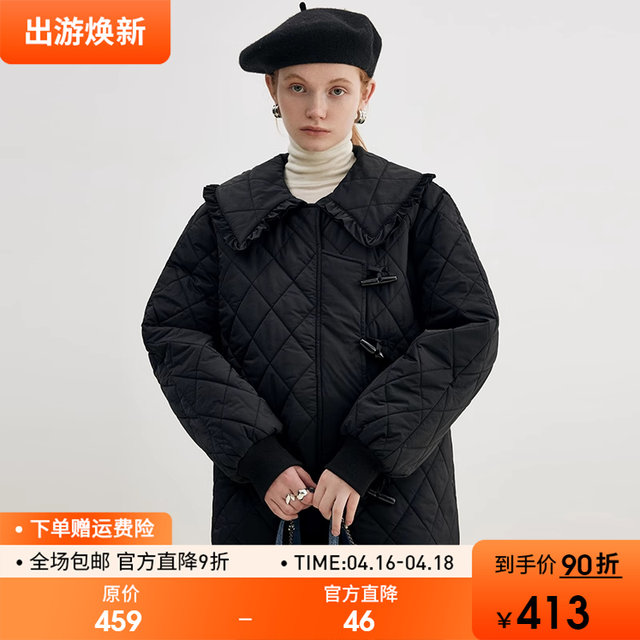 Fan Luo 2023 winter versatile design black cotton coat rhombus doll collar horn button short cotton coat for women