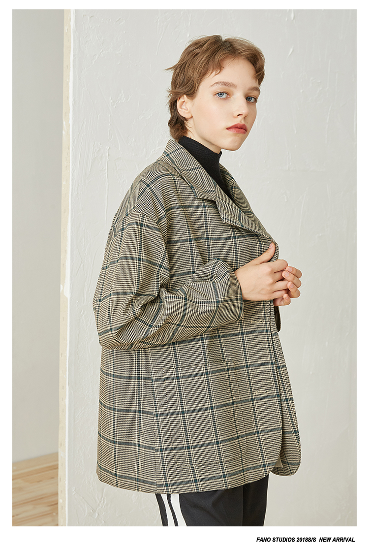 2019 mùa thu mới Hàn Quốc giản dị xanh lá cây kẻ sọc retro kẻ sọc hai khóa chic chic phù hợp với áo khoác nữ vest trắng nữ