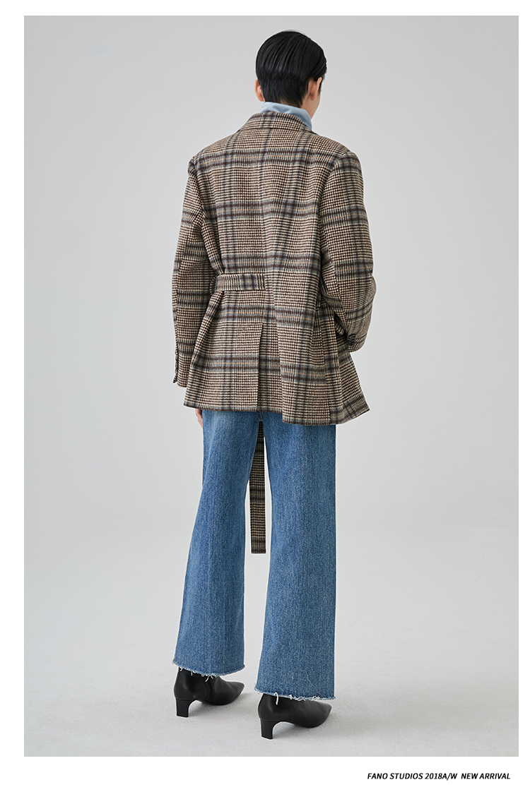 Mùa đông 2018 mới lưới houndstooth màu cà phê ca rô hai khóa chic chic đai dày phù hợp với áo khoác nữ bộ vest chân váy