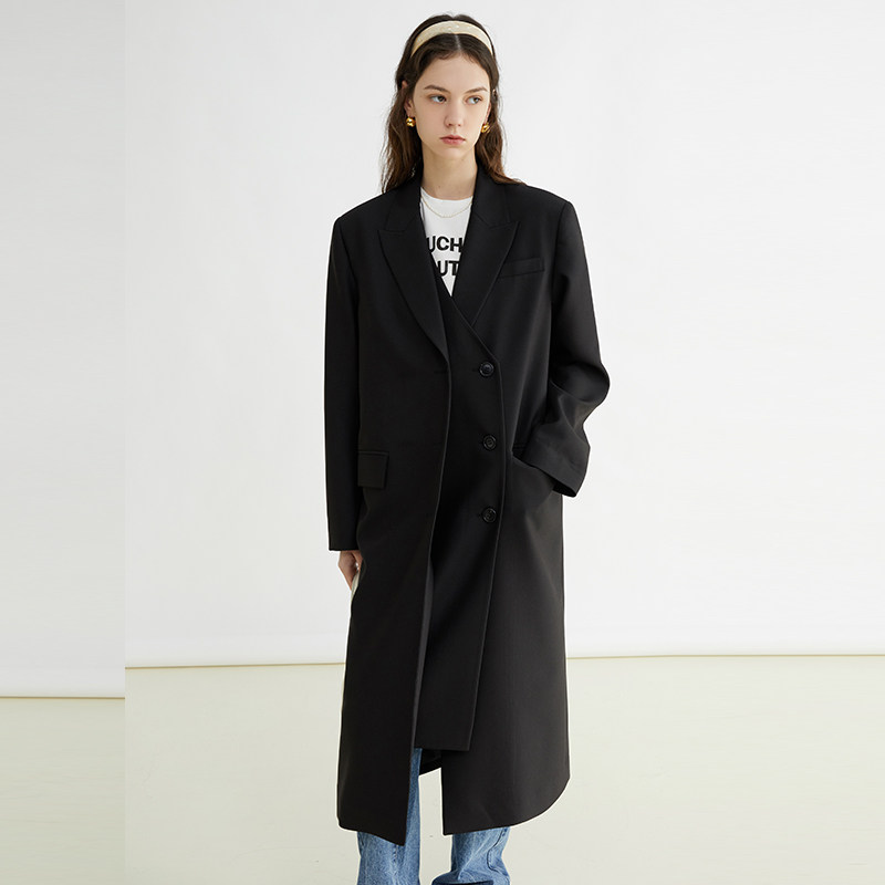 Vanlo 2022 new black long - edition suit coat female high - temperament relaxed leisure suit design sense