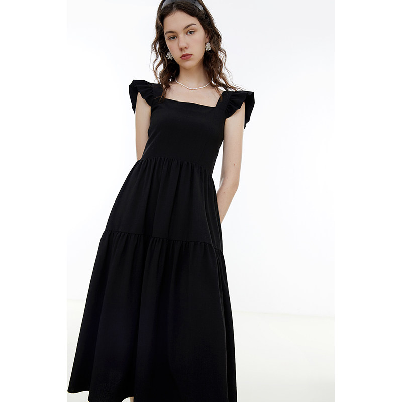 Van Lo 2022 Summer New Lotus Leaf Side Square Collar Harness with dress Skirt Woman Herben Wind slim A word skirt with little black dress