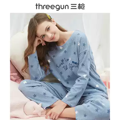Three gun pajamas women's 2019 autumn and winter new products brushed elastic cotton round neck printing off-the-shoulder long-sleeved loungewear suit