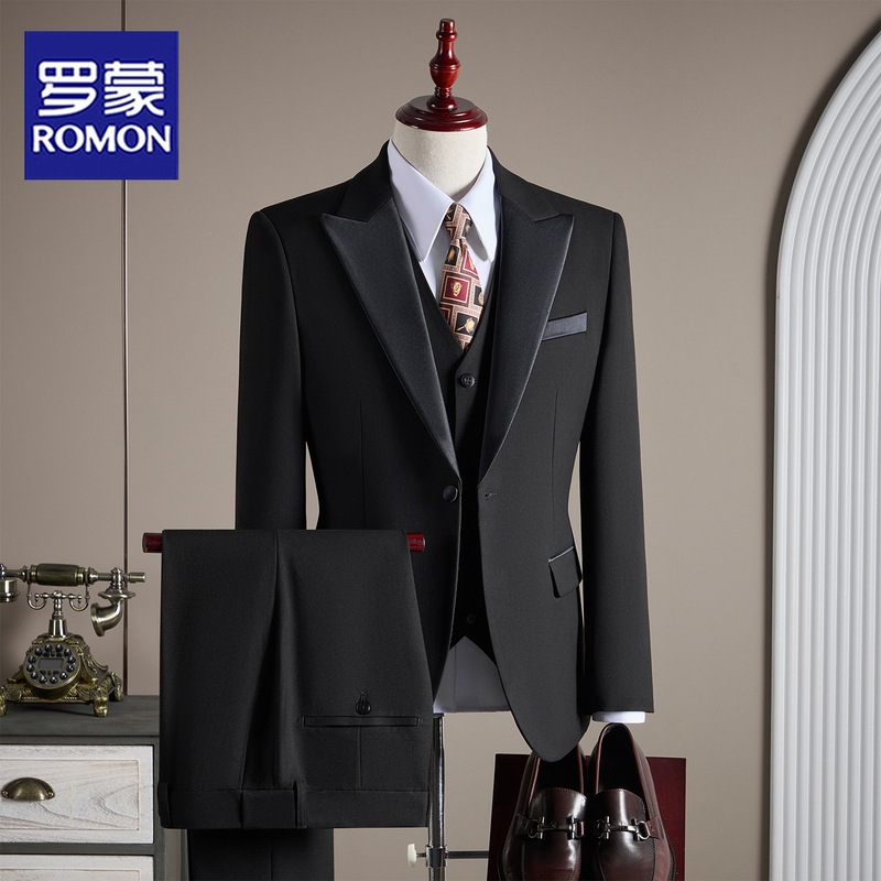 Romon Wool Suit Set for Men, Korean Style Slim Fit Formal Tuxedo for Banquets, Evening Events, Groom's Wedding Suit