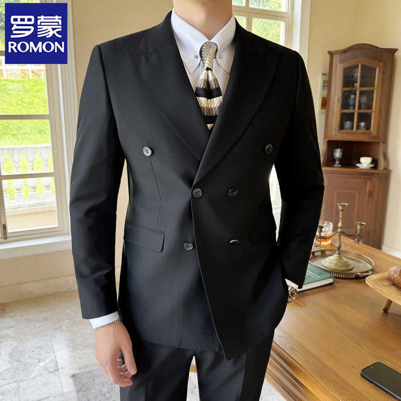 Romon Double-Breasted Suit Set for Men, British Casual Business Formal Jacket, Slim Fit, Stylish Wedding Groom Suit
