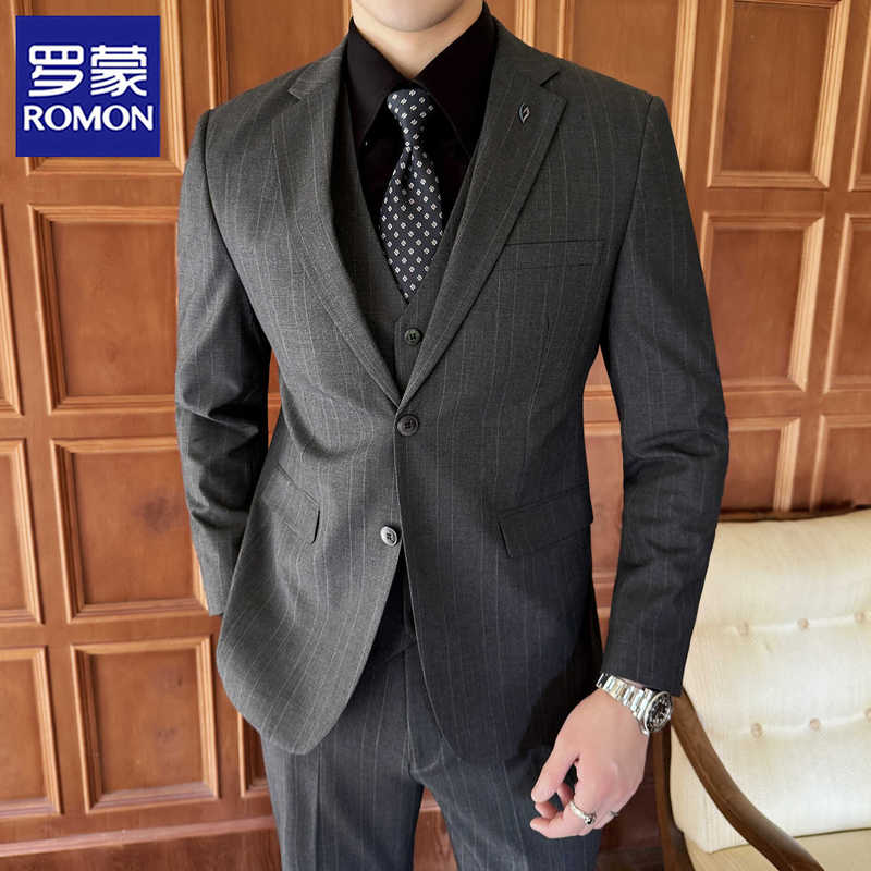 Romon Wool Striped Suit Set for Men, Business Formal Wear, Groom Wedding Suit, Slim Fit Casual Suit Jacket for Men