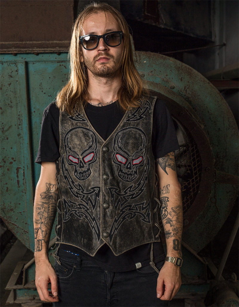 Motorcycle Leather Vest Men's Skull Embroidered Leather Biker Vest Punk Leather Vest