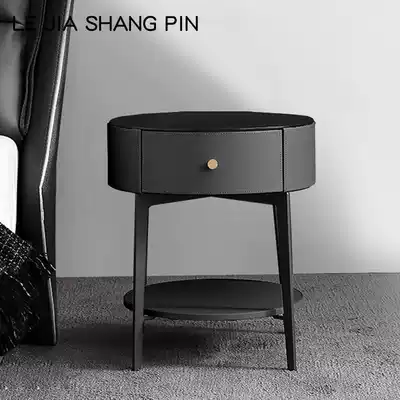 Italian bedside table iron round modern simple bedroom leather art bedside cabinet Nordic tempered glass two-bucket cabinet