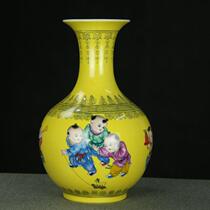 Jingdezhen ceramic wax gourd vase yellow glaze rich and auspicious hundred sub figure baby play picture living room study decoration decoration
