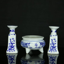 Jingdezhen blue and white porcelain incense burner candlestick set bamboo swab cotton core dual-purpose double dragon longevity than Nanshan Chinese style ornaments