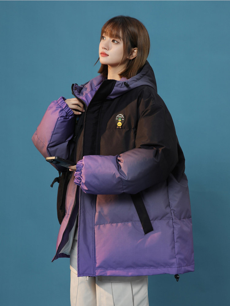 Tangshi Group Desso Winter Warm down Cotton Coat for Women, Thickened Hooded Cotton Jacket, Gradient Color Outerwear Top