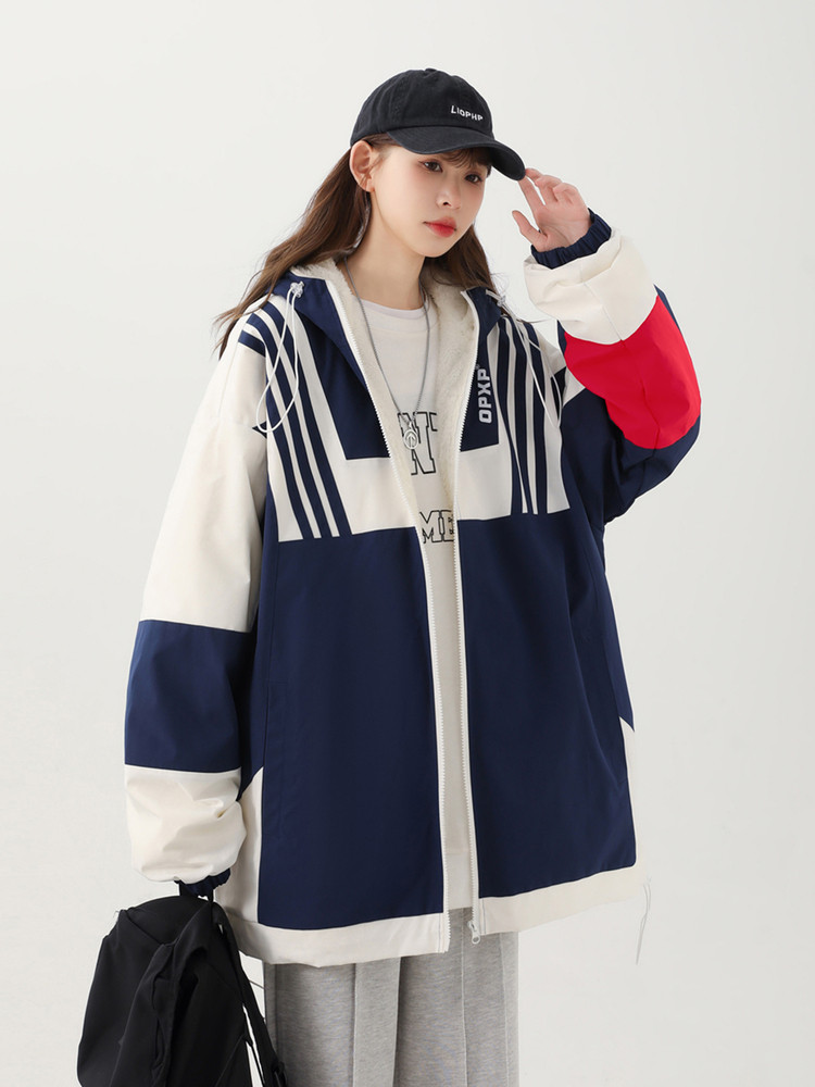 Tangshi Group Desso Patchwork Color-Blocking Workwear Hooded Cotton Jacket for Women, Winter Thickened Warm Cotton Coat, Cotton-Padded Jacket