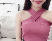 Net Red Anchor clothes female 2019 New temperament sexy hanging neck slip shoulder short knitted Thai sling shirt
