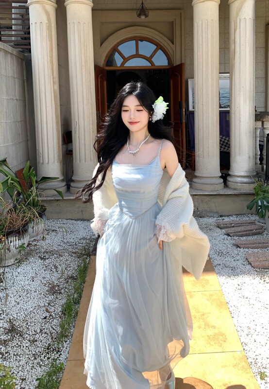 Blovelan Blue Mist Island French-Style Blue Mesh Light Dress Long Dress Fairy-Like Spaghetti Strap Dress Summer Blovelan Blue Mist Island French-Style Blue Mesh Light Dress Long Dress Fairy-Like Spaghetti Strap Dress Summer