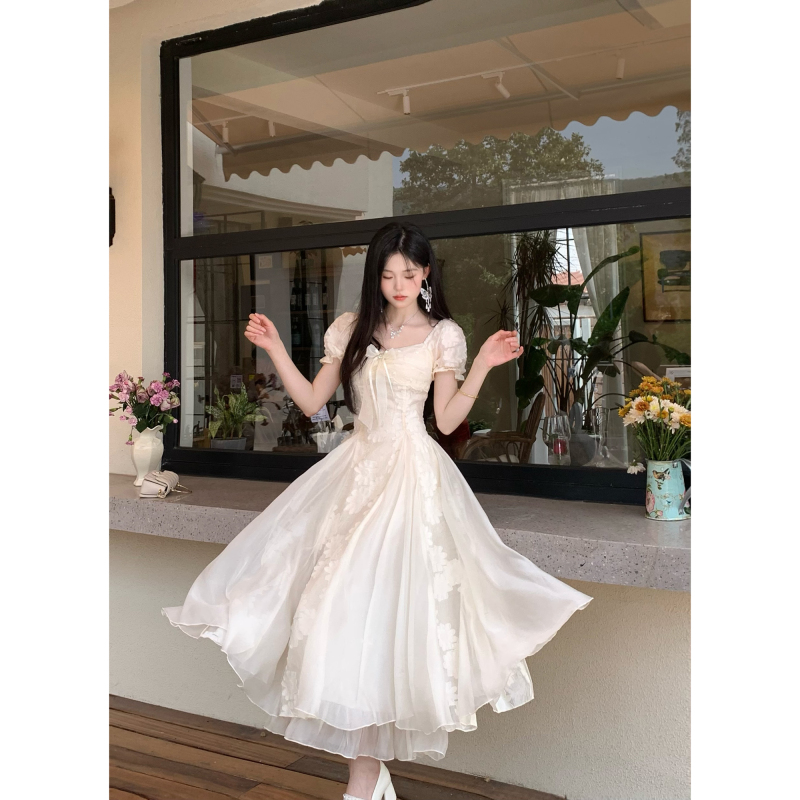 Blovelan White Tea and Wind French Retro High-End Waist-Cinching Patchwork Fairy Dress for Vacation Blovelan White Tea and Wind French Retro High-End Waist-Cinching Patchwork Fairy Dress for Vacation