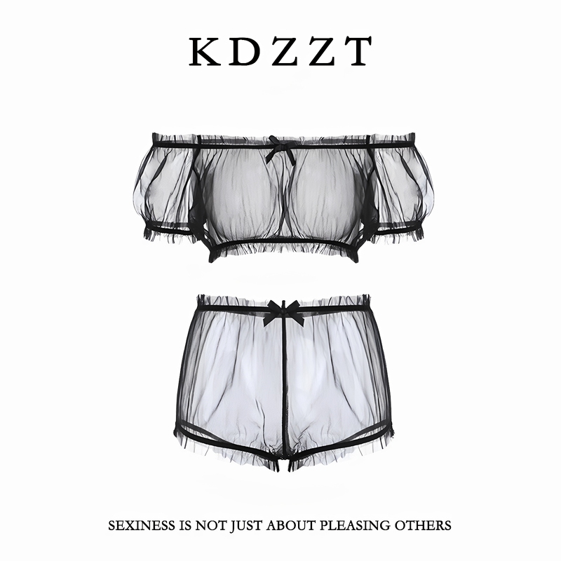 Kdzzt French Design Lingerie for Women, Mesh High-End Exquisite Off-Shoulder See-Through Sweet Three-Point Uniform Set