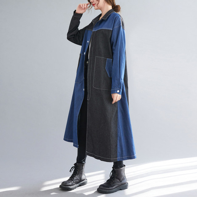 Contrast color stitching washed denim dress plus size women's fat mm long-sleeved button-up lapel shirt skirt long skirt