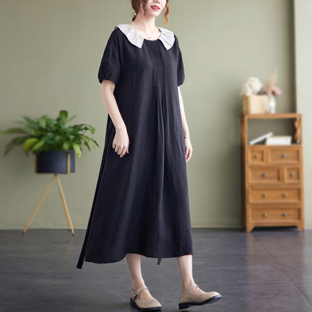 Accordion pleats cotton and linen waist strap dress summer plus size women's doll collar long linen short-sleeved A-line skirt