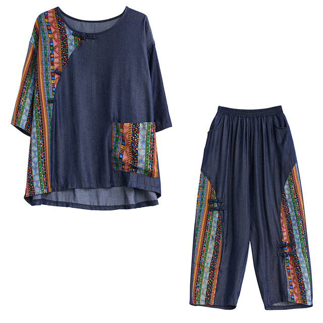 Printed buckle denim fashion suit short-sleeved pocket T-shirt elastic waist cropped harem pants retro two-piece set