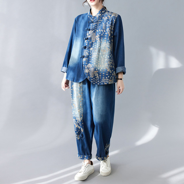 Large size color matching printed denim two-piece long-sleeved stand-up collar button-down jacket high-waisted harem pants retro fashion suit