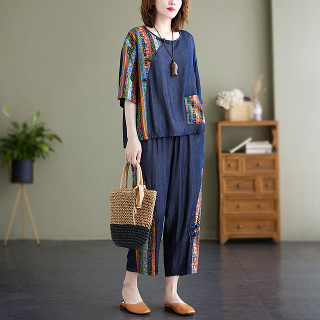 Printed buckle denim fashion suit short-sleeved pocket T-shirt elastic waist cropped harem pants retro two-piece set