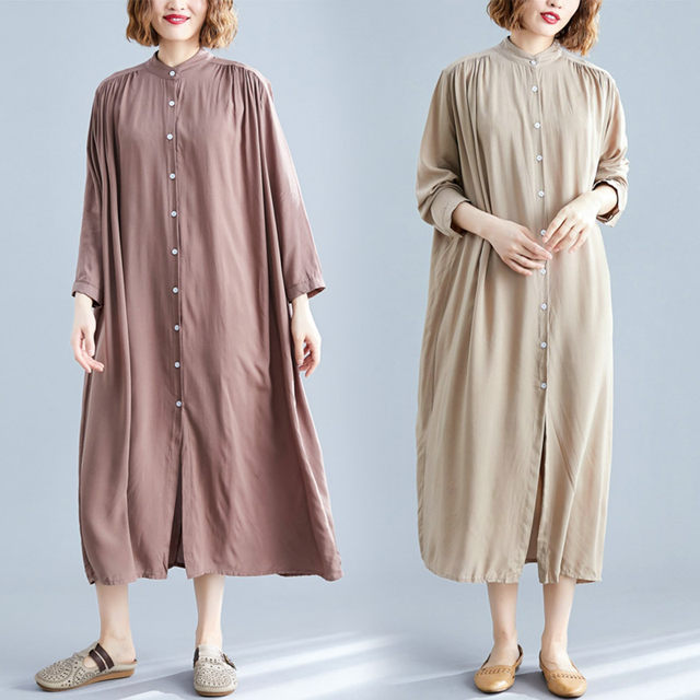 Solid color stand-up collar shirt dress summer 2021 new age-reducing loose large size elegant thin section cotton and linen nine-quarter sleeve dress