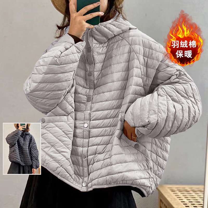 Artistic Striped Lightweight down Cotton Hooded Jacket Plus Size Women's Fashion Windproof Warm Solid Color Cotton Coat