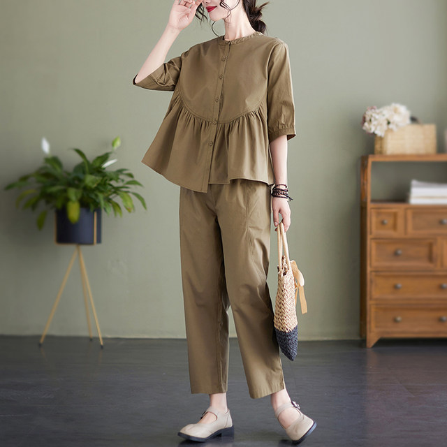 Loose Solid Color Two-piece Set Stand Collar Half Sleeve Stitching Pleated Shirt Elastic Waist Nine Points Casual Pants Fashion Suit