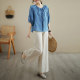 Summer retro pleated round neck embroidery shirt foreign style cotton and linen fashion suit linen wide-leg pants loose two-piece suit