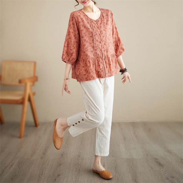 Summer large size cotton and linen fashion suit women's accordion pleats printed round neck shirt nine points casual pants linen two-piece set