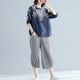 Cotton and linen two-piece short-sleeved fungus lace collar embroidery T-shirt cropped plaid wide-leg pants loose fashion suit