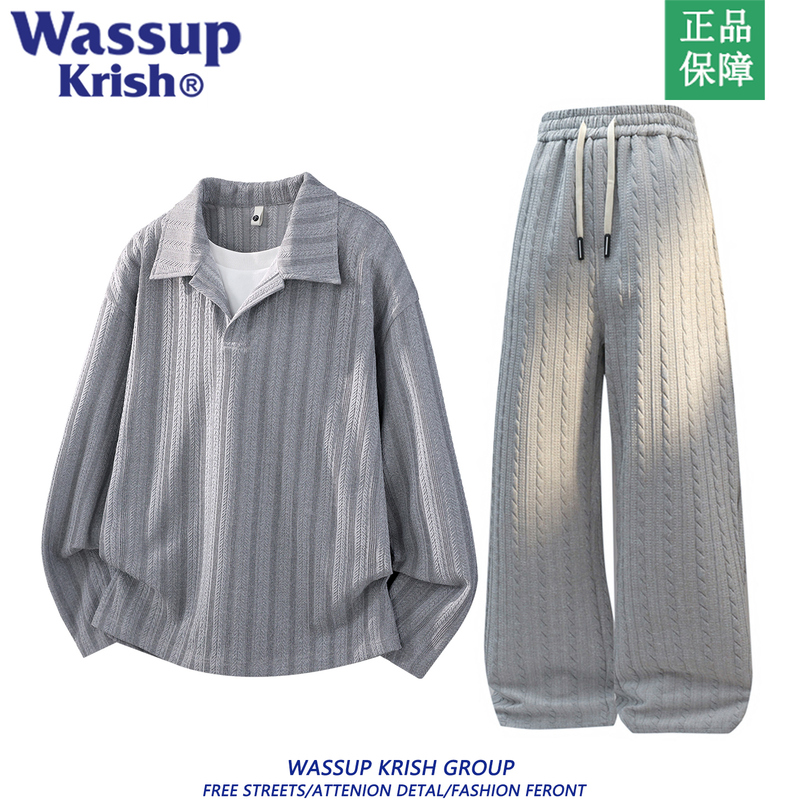 Wassup Krish Jacquard Texture Set for Men, Autumn Two-Piece Style with a Turn-Down Collar Sweatshirt and Pants, Casual Complete Set Wassup Krish Jacquard Texture Set for Men, Autumn Two-Piece Style with a Turn-Down Collar Sweatshirt and Pants, Casual Complete Set
