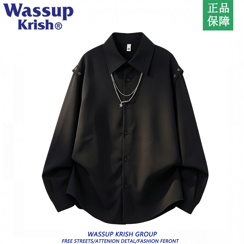 Wassup Krish Black Long-Sleeved Shirt for Men 2026 Early Autumn New High-End Trendy Brand Loose Casual Shirt