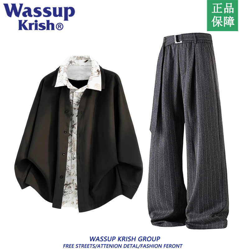 Wassup Krish Casual Suit Men's Autumn Trendy Brand Patchwork Fake Two-Piece Long-Sleeve Shirt and Trousers Set Wassup Krish Casual Suit Men's Autumn Trendy Brand Patchwork Fake Two-Piece Long-Sleeve Shirt and Trousers Set