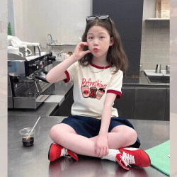 Girls' Pure Cotton Short-Sleeved T-Shirt 2025 Summer New Style Kidsren's Tops Little Girls Summer Clothes Color-Blocked Round Neck Bottoming Shirt