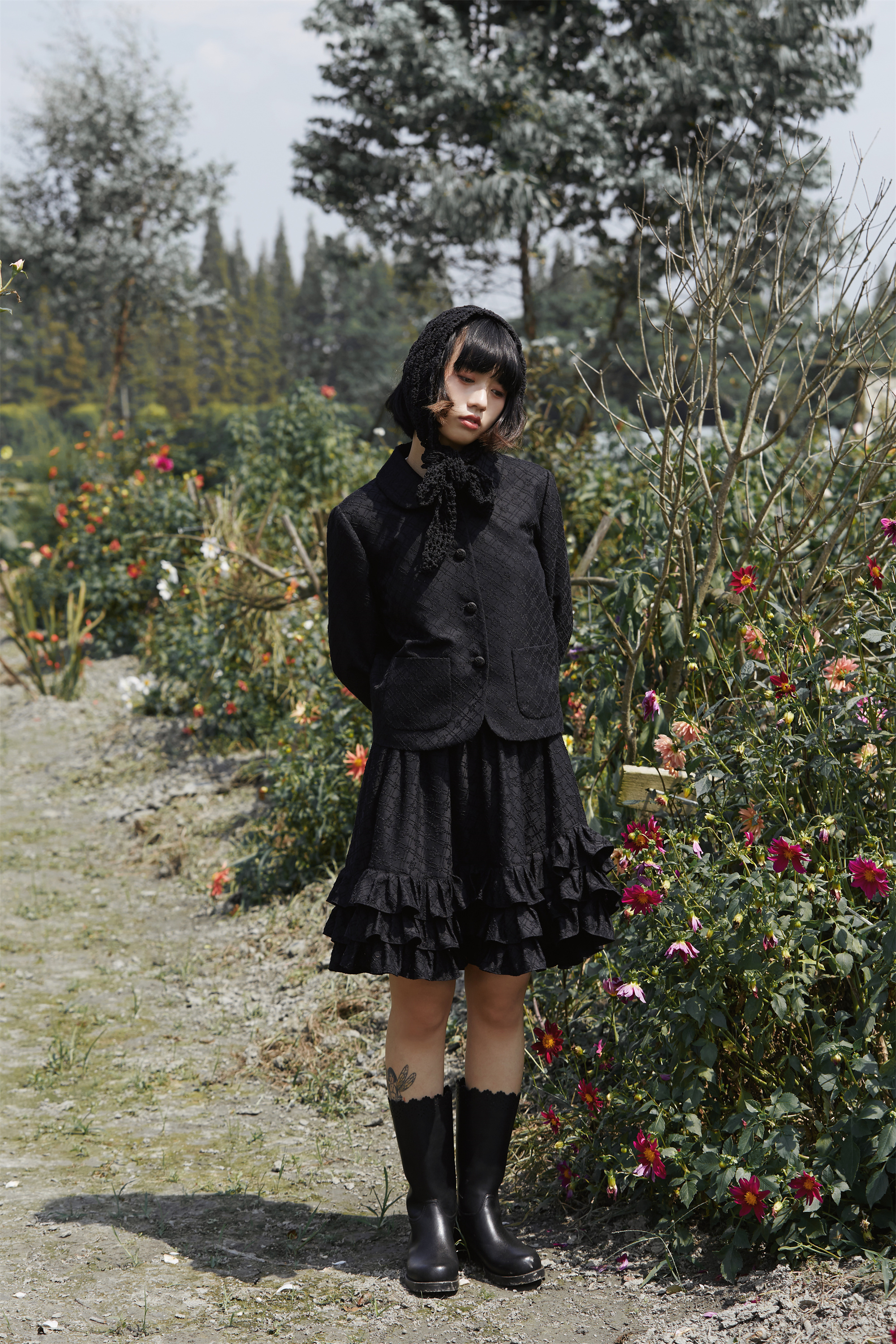 MarrowTang Black Rose Jacquard Short Cake Skirt