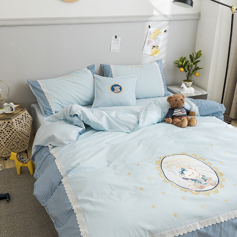 Children's room four-piece set of pure cotton girl blue embroidery 4-piece set 1 2 1 35m cartoon small fresh bedding
