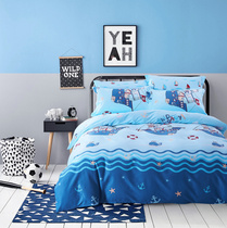 Blue Mediterranean wind four pieces of boy Gunsatin pure cotton Childrens bed goods Three sets of boys 1 2m bedding