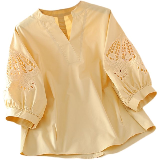 ເສື້ອເຊີດສໍາລັບແມ່ຍິງ summer lantern sleeves hollow embroidery ດອກສັ້ນຄໍ V ການອອກແບບຕົ້ນສະບັບ temperament lady ຝ້າຍບໍລິສຸດເທິງ trendy