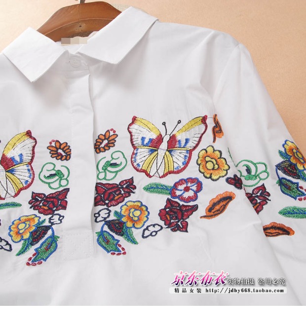 Mùa xuân và mùa thu mới Han Fan nữ thêu bướm trong phần dài POLO cổ áo sơ mi béo mm cỡ lớn là áo mỏng tay áo bảy điểm sơ mi trắng nữ