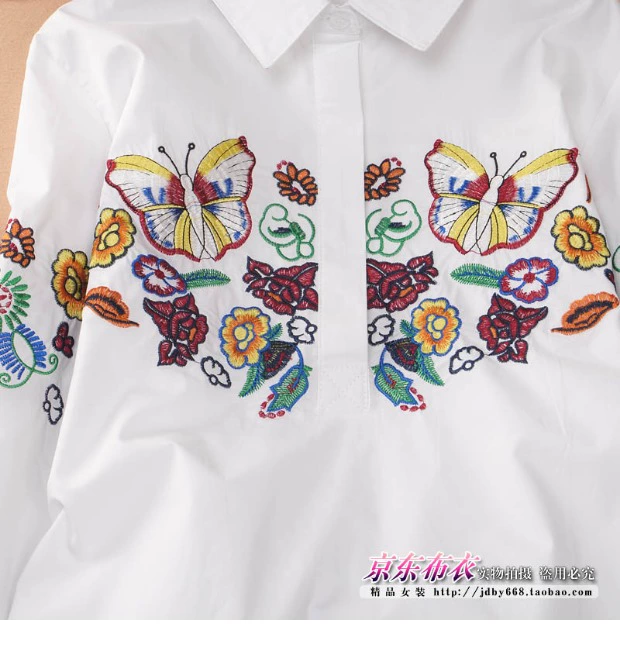 Mùa xuân và mùa thu mới Han Fan nữ thêu bướm trong phần dài POLO cổ áo sơ mi béo mm cỡ lớn là áo mỏng tay áo bảy điểm