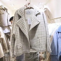 Hàn Quốc ulzzang quần áo mùa thu và mùa đông houndstooth ve áo xe máy áo khoác ngắn giả lông áo sơ mi cỏ áo khoác nữ lót lông