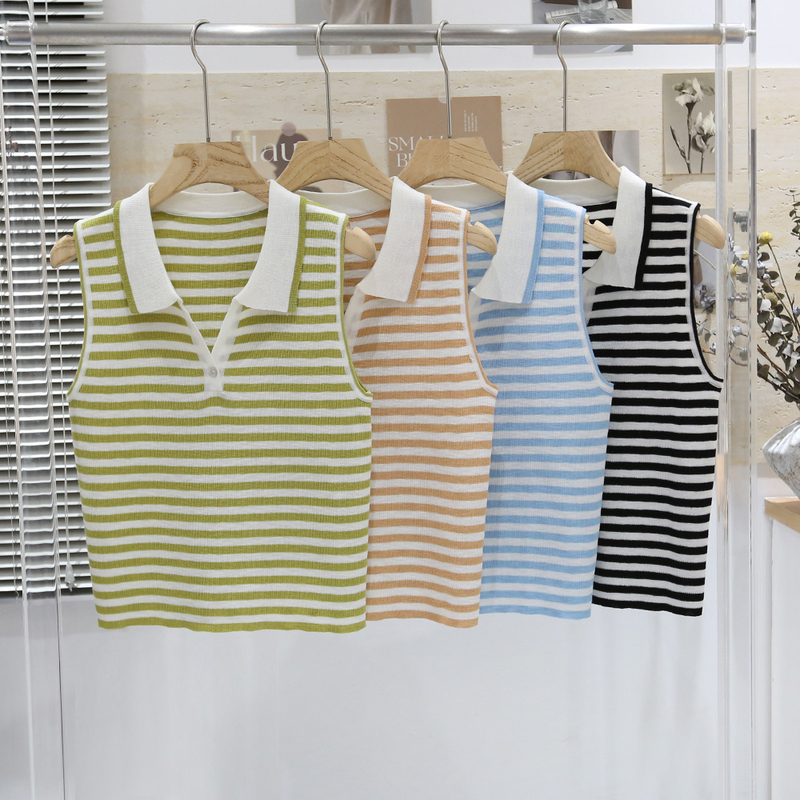 College Style Polo Collar Bamboo Stripe Ice Silk Knitted Vest for Women, Summer Thin Sleeveless Outerwear Top for Women